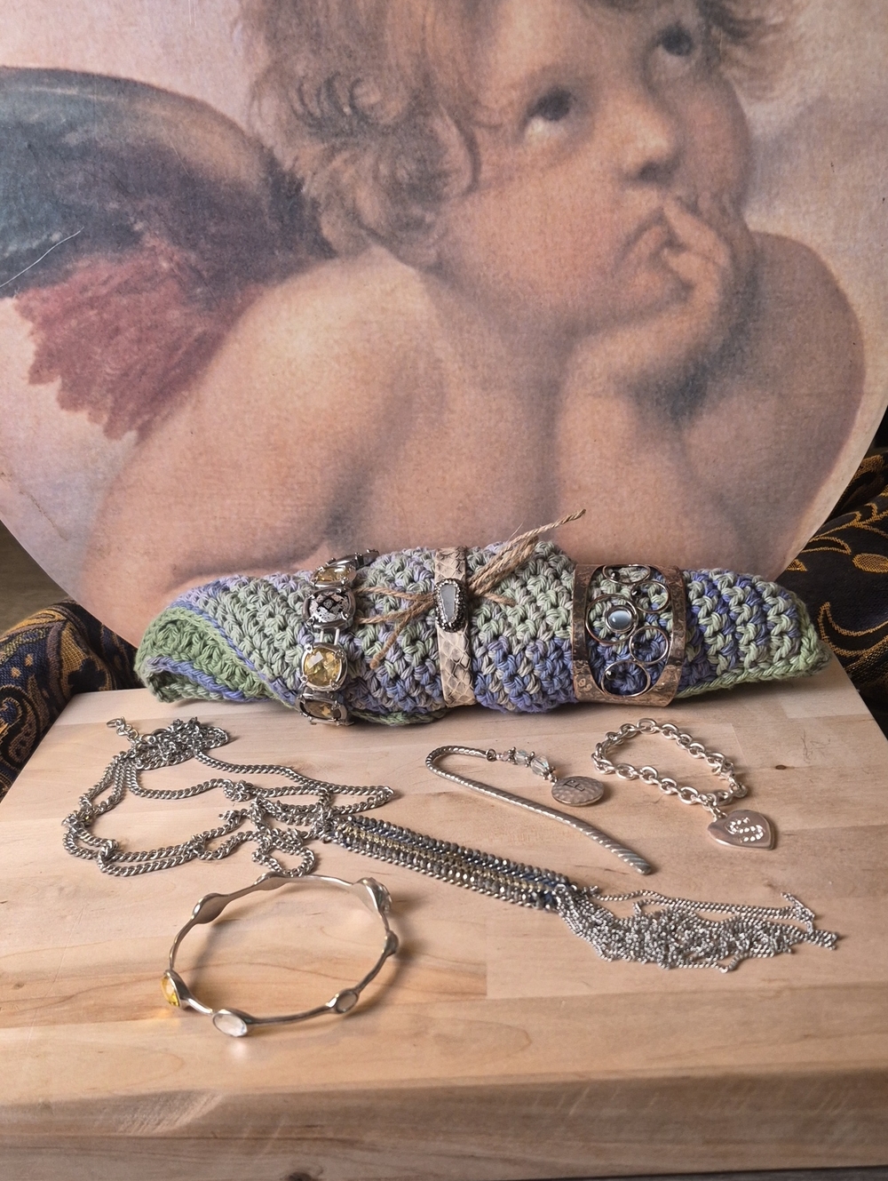 Bracelet with Mixed Metal Accents Along Wiyh A Long Necklace